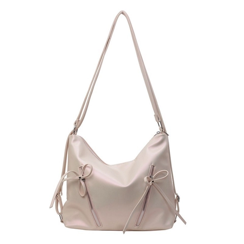 Women Tote Bag PU Leather Bow-knot Zipper Large Capacity Shoulder Handbag Artificial Pearl Luster Metallic Fashion