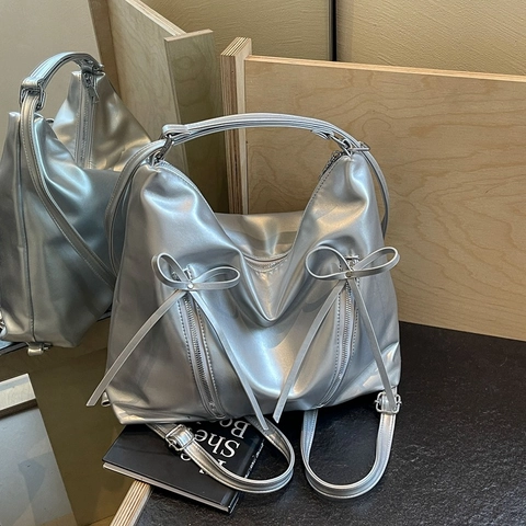 Women Tote Bag PU Leather Bow-knot Zipper Large Capacity Shoulder Handbag Artificial Pearl Luster Metallic Fashion