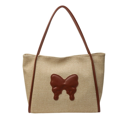 Strohgewebte Tragetasche Damen Große Kapazität Schmetterlingsaufnäher Sommer Strand Schultertasche Kunstlederbesatz Lässig Schick
