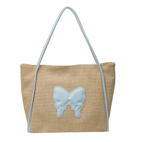 Strohgewebte Tragetasche Damen Große Kapazität Schmetterlingsaufnäher Sommer Strand Schultertasche Kunstlederbesatz Lässig Schick