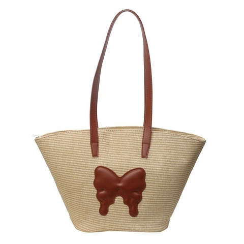 Stroh Tragetasche Große Handtasche Mit Schmetterlings-Patch Sommer Strand Umhängetasche Lässig Urlaub Für Damen