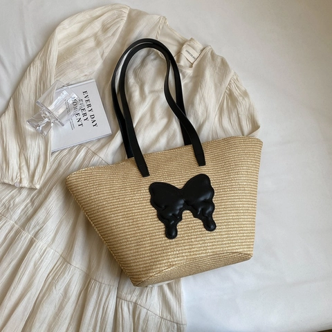 Stroh Tragetasche Große Handtasche Mit Schmetterlings-Patch Sommer Strand Umhängetasche Lässig Urlaub Für Damen
