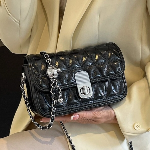 Damen Gesteppte Umhängetasche PU Leder Geometrische Rauten Kette Riemen Schultertasche Chic Quadratische Handtasche Metallschloss