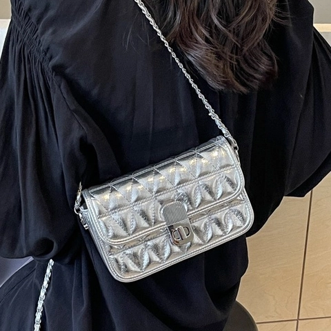 Damen Gesteppte Umhängetasche PU Leder Geometrische Rauten Kette Riemen Schultertasche Chic Quadratische Handtasche Metallschloss