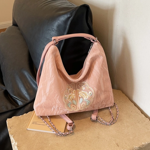 Embroidered Flower Shoulder Bag PU Leather New Chinese Style Crossbody Handbag For Women Casual Tote