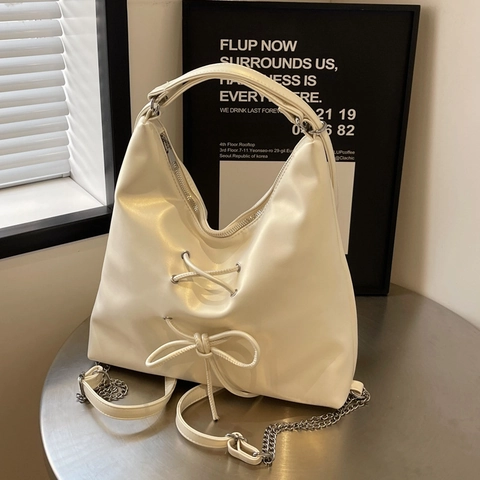 Damen PU Leder Hobo Tasche Große Kapazität Schnürung Schleife Schultertasche Umhängetasche Mit Kette