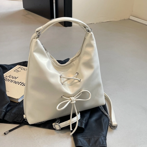 Damen PU Leder Hobo Tasche Große Kapazität Schnürung Schleife Schultertasche Umhängetasche Mit Kette