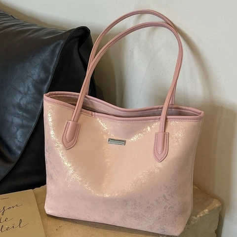 Große Damen Tote Bag PU Leder Metallische Textur Schultertasche Minimalistisch Schick Stadt Alltag Tasche