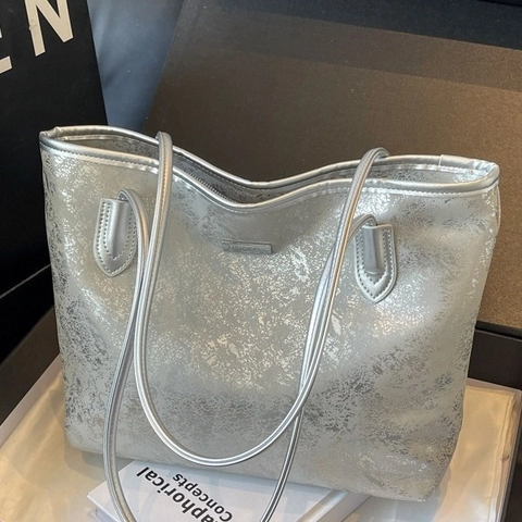 Große Damen Tote Bag PU Leder Metallische Textur Schultertasche Minimalistisch Schick Stadt Alltag Tasche