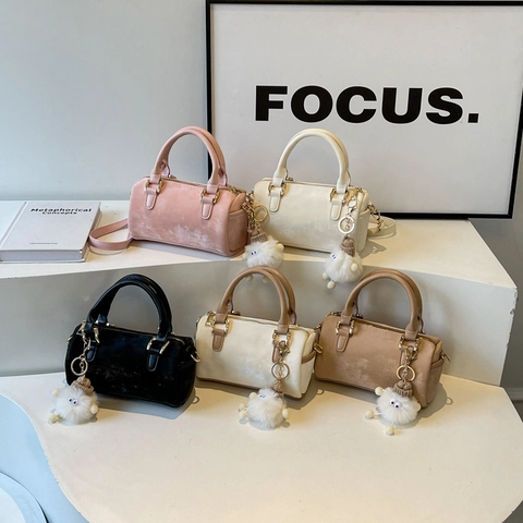 Fashion PU Leather Boston Bag Women Handbag Cylindrical Crossbody Shoulder Pillow Bag With Cute Plush Monster Pendant Handbag