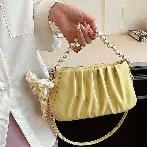 Bolso De Hombro Plisado Para Mujer Cuero PU Cadena Perlas Artificiales Lazo Cinta Satén Elegante Bolso De Mano Con Cadena Metálica