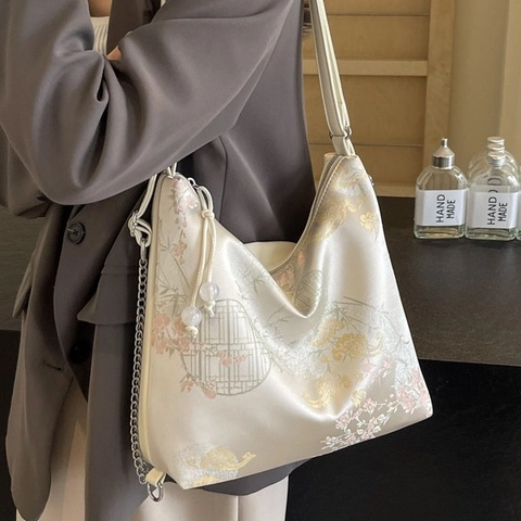 Damen Umhängetasche Im Neuen Chinesischen Stil Jacquard Stickerei Blumen Landschaftsmuster Große Kapazität Rucksack Mit Kette
