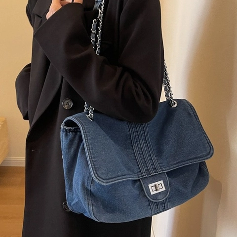 Gewaschene Denim Umhängetasche Damen Mode Große Kapazität Vintage Stil Metallkettenriemen Drehverschluss