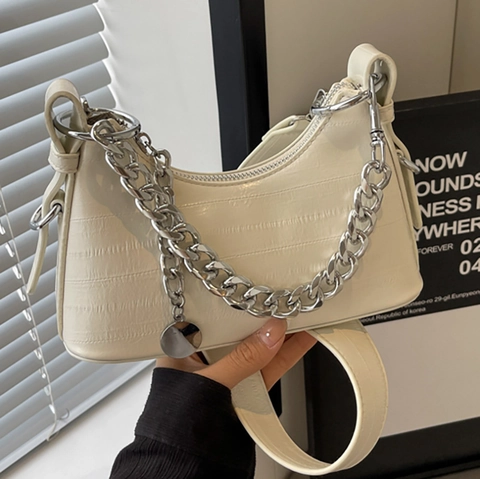 Borsa Sottobraccio Da Donna In Pelle PU Con Goffratura Coccodrillo Catena Argentata Borsa Hobo A Mezzaluna Borsa A Spalla