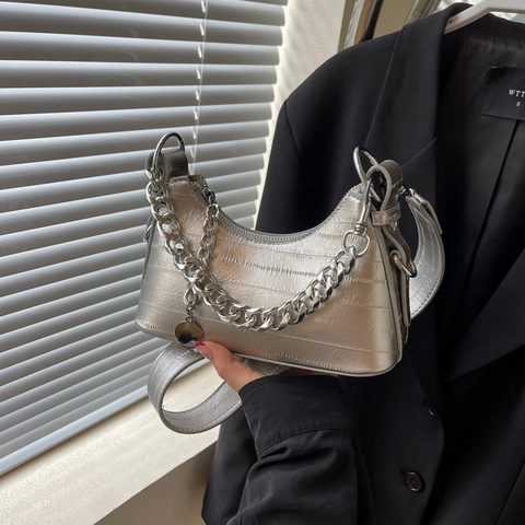 Borsa Sottobraccio Da Donna In Pelle PU Con Goffratura Coccodrillo Catena Argentata Borsa Hobo A Mezzaluna Borsa A Spalla