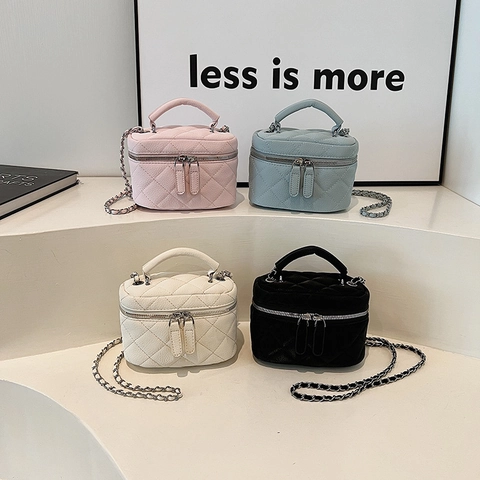 Women Quilted Crossbody Bag Mini PU Leather Diamond Pattern Vanity Case With Chain Strap And Handle Zipper