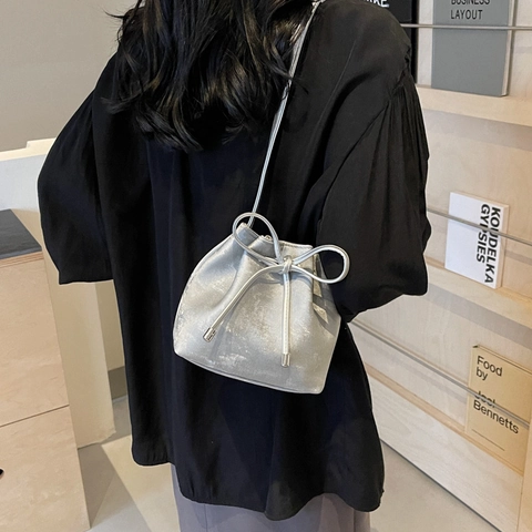 Eimertasche Für Frauen PU Leder Schleife Kordelzug Umhängetasche Schultertasche Koreanische Mode Chic Trendig Casual