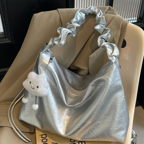 Women Large Capacity Tote Bag Crinkled PU Leather Shoulder Bag With Ruffled Strap Cloud Charm Metal Silver Casual Bag