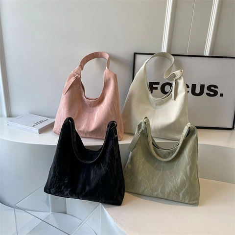 Women Large Capacity Underarm Shoulder Bag Pleated PU Leather Crinkle Hobo Tote Casual Commuter Handbag