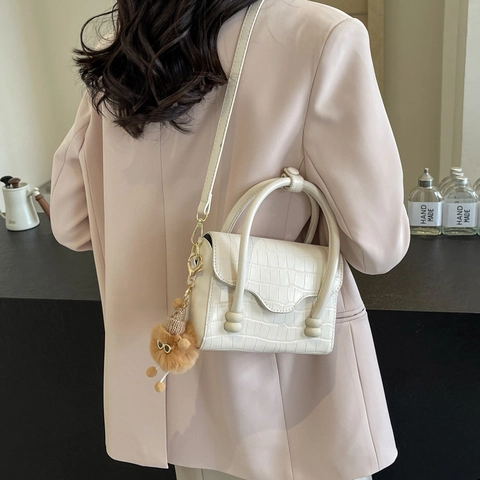 Crocodile Pattern PU Leather Handbag Square Mini Crossbody Shoulder Bag Elegant With Plush Pendant For Women