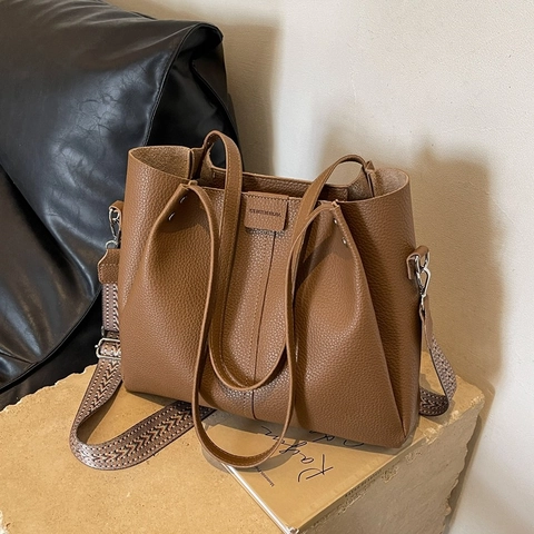 Große Damen Shopper Tasche Aus PU-Leder Mit Lychee-Struktur Und Abnehmbarem Breit Gewebtem Schultergurt Vintage Stil