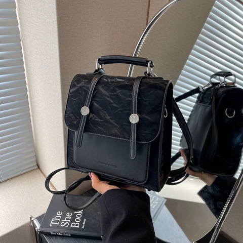 Fashion Women PU Leather Convertible Backpack Wrinkled Texture Metallic Square Flip Handbag Versatile Street Trendy Bag