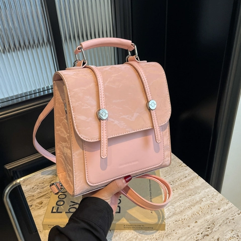Fashion Women PU Leather Convertible Backpack Wrinkled Texture Metallic Square Flip Handbag Versatile Street Trendy Bag