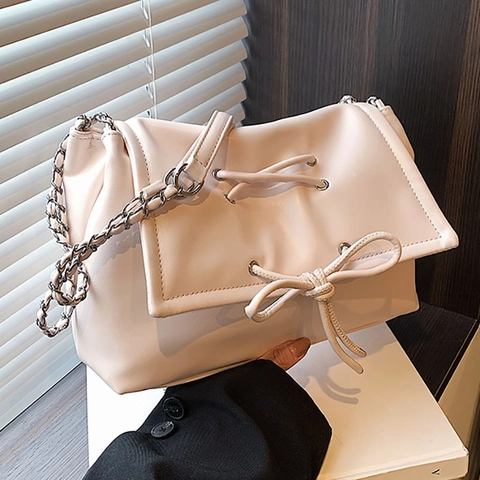 Bolso De Hombro Con Lazo Cuero PU Correa Cadena Tote Para Mujeres Estilo Ballet Gran Capacidad