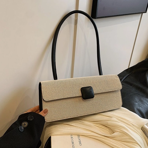 Bolso De Axila Baguette Retro Francés Para Mujer Cuero PU Lona Minimalismo Color De Contraste Rectangular Solapa