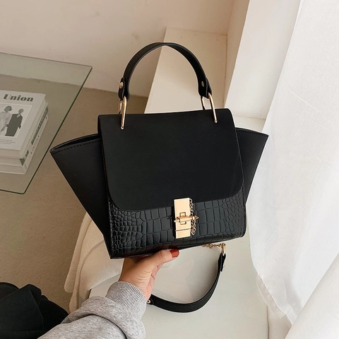 Borsa A Spalla Mano Donna PU Opaco Motivo Coccodrillo Design Ali Tracolla Catena Serratura Oro Moda Retrò Elegante