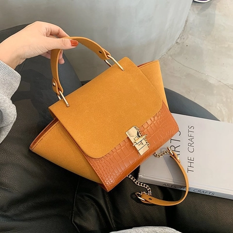 Borsa A Spalla Mano Donna PU Opaco Motivo Coccodrillo Design Ali Tracolla Catena Serratura Oro Moda Retrò Elegante