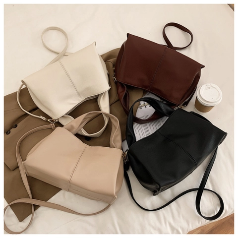 Women Handbag PU Leather Lychee Texture Minimalist Underarm Shoulder Bag With Adjustable Strap Solid Color Versatile