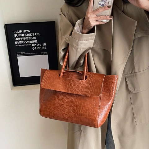 Große Kapazität Krokodil Geprägte PU Leder Tote Handtasche Vintage Schultertasche Frauen Tägliche Büro Pendeln Koreanischer Stil