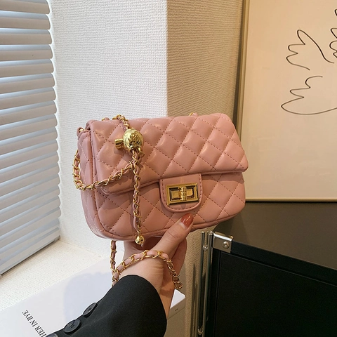 Quilted Rhombus Crossbody Shoulder Bag PU Leather Gold Ball Adjustable Chain Strap Turn Lock Small Square Chic For Women