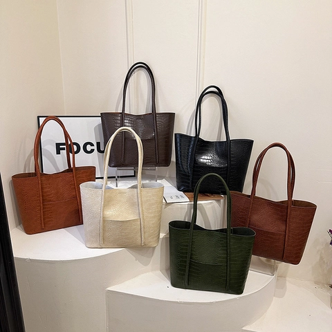 Krokodil Reliëf PU Lederen Tote Bag Grote Capaciteit Dames Schoudertas Met Bijpassende Binnentas Magnetische Sluiting Chic