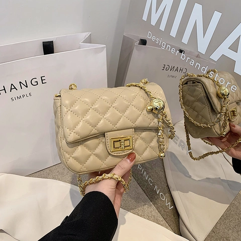 Quilted Rhombus Crossbody Shoulder Bag PU Leather Gold Ball Adjustable Chain Strap Turn Lock Small Square Chic For Women