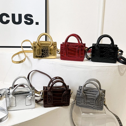 Mini Sac À Bandoulière Pour Femme En Cuir PU Motif Crocodile Matériel Doré Doubles Poignées Bandoulière Amovible Sac À Main Chic Rétro