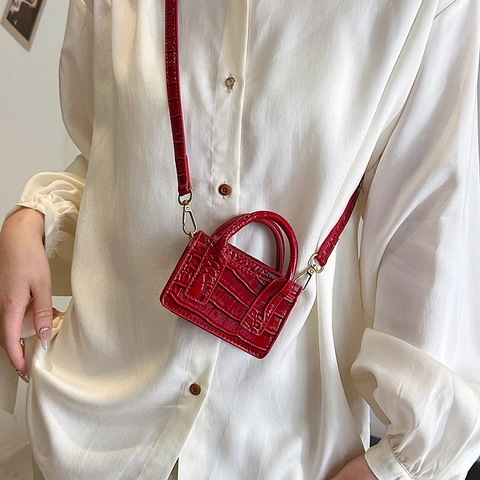 Mini Sac À Bandoulière Pour Femme En Cuir PU Motif Crocodile Matériel Doré Doubles Poignées Bandoulière Amovible Sac À Main Chic Rétro