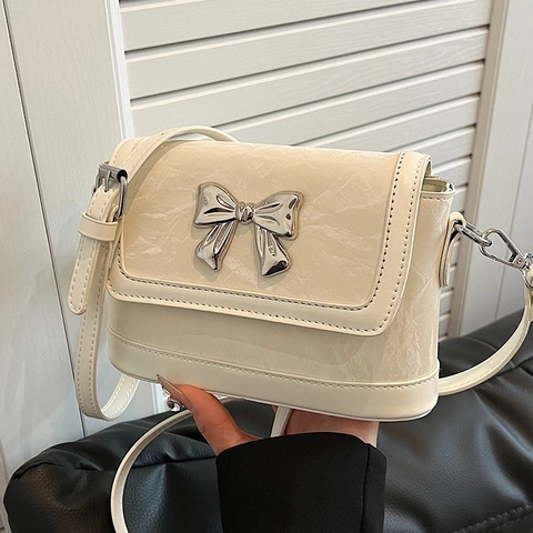 Women Crossbody Bag PU Leather Marble Texture With Metal Bowknot Chic Small Square Shoulder Bag For Daily Fashion