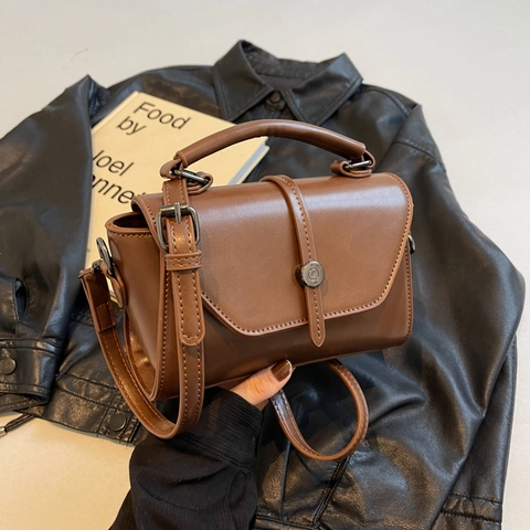 Borsa a Tracolla Quadrata in Pelle PU Vintage da Donna Borsa a Spalla con Patta e Impunture alla Moda con Manico Superiore