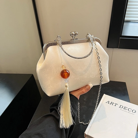 Sac À Bandoulière Rétro Fermoir Jacquard Motif Bambou Poignée En Métal Gland Perle Ambre Pochette De Soirée Femmes