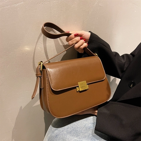 Retro PU Leder Quadratische Umhängetasche Minimalistische Klappe Schultertasche Mit Goldener Schnalle Für Damen Vintage Box Stil