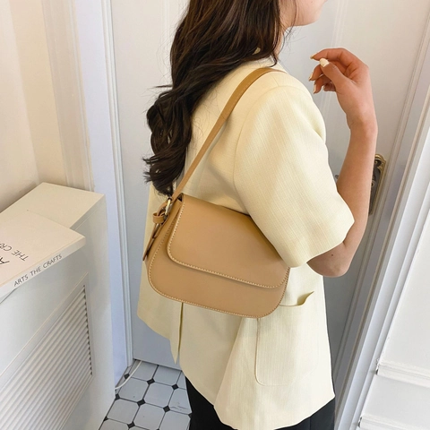 Minimalistische PU Leren Kleine Vierkante Schoudertas Voor Dames Mode Vintage Flap Cover Portemonnee Goud Hardware Khaki