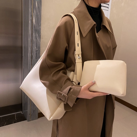 Women Large Capacity PU Leather Tote Shoulder Bag And Small Pouch Minimalist Commute With Adjustable Strap