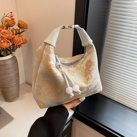 New Chinese Style Jacquard Crossbody Bag Vintage Landscape Floral Print PU Leather Shoulder Bag With Artificial Pearl Bead Charm For Women