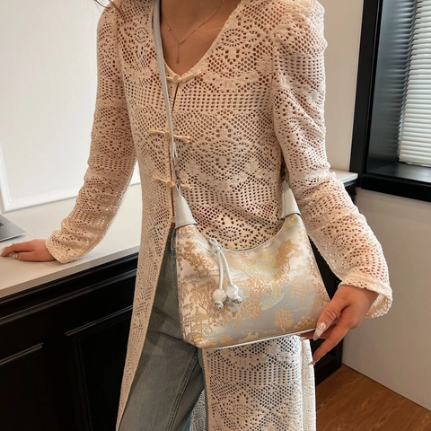 New Chinese Style Jacquard Crossbody Bag Vintage Landscape Floral Print PU Leather Shoulder Bag With Artificial Pearl Bead Charm For Women