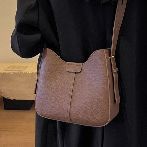 Vintage Women Shoulder Bag Large Capacity Lychee Pattern PU Leather Commute Hobo Tote With Adjustable Strap