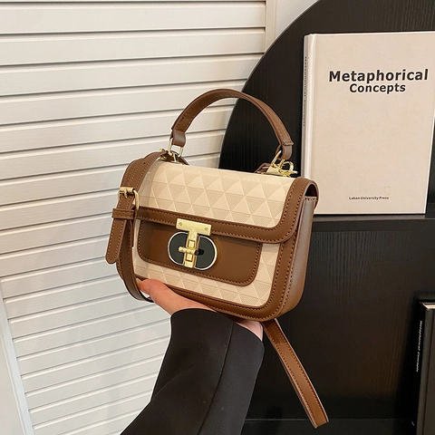 Borsa Tracolla Donna Pelle PU Goffratura Geometrica Triangolo Mano Retro Elegante Piccola Borsa Quadrata Chiusura Metallo