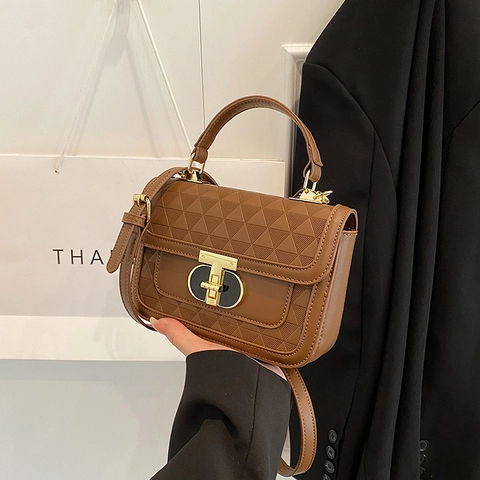 Borsa Tracolla Donna Pelle PU Goffratura Geometrica Triangolo Mano Retro Elegante Piccola Borsa Quadrata Chiusura Metallo