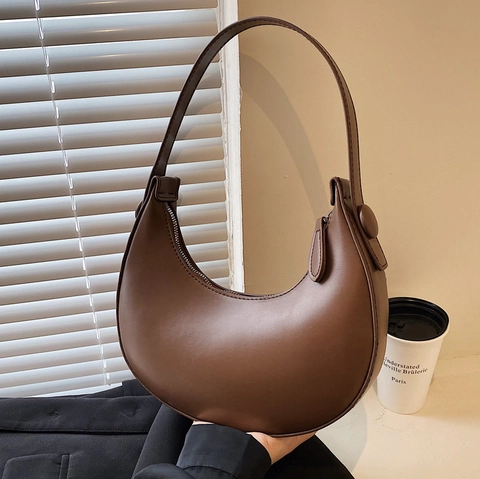 Bolso De Axila De Cuero PU Para Mujer Bolso Hobo Forma De Medialuna Retro Minimalista Color Sólido Cremallera